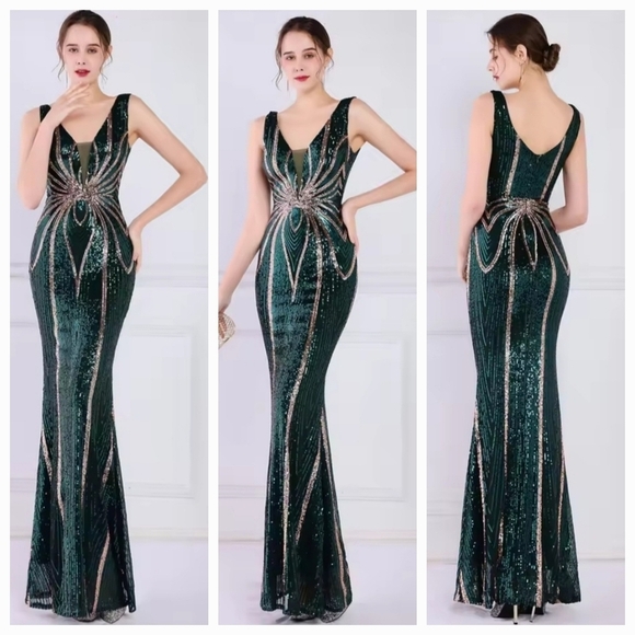Green, Striped Print,  V Neck,  Contrast Sequined Gown - Picture 1 of 10